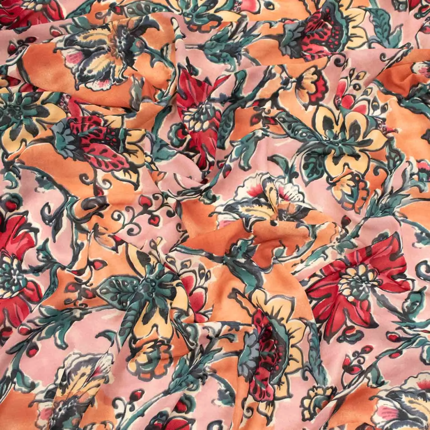 Printed Chiffon Red & Orange Batik Flowers on Baby Pink