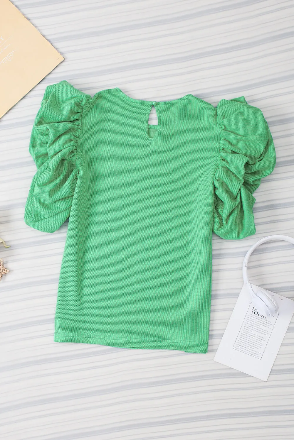 Puffy Ruffle Green Knit Blouse