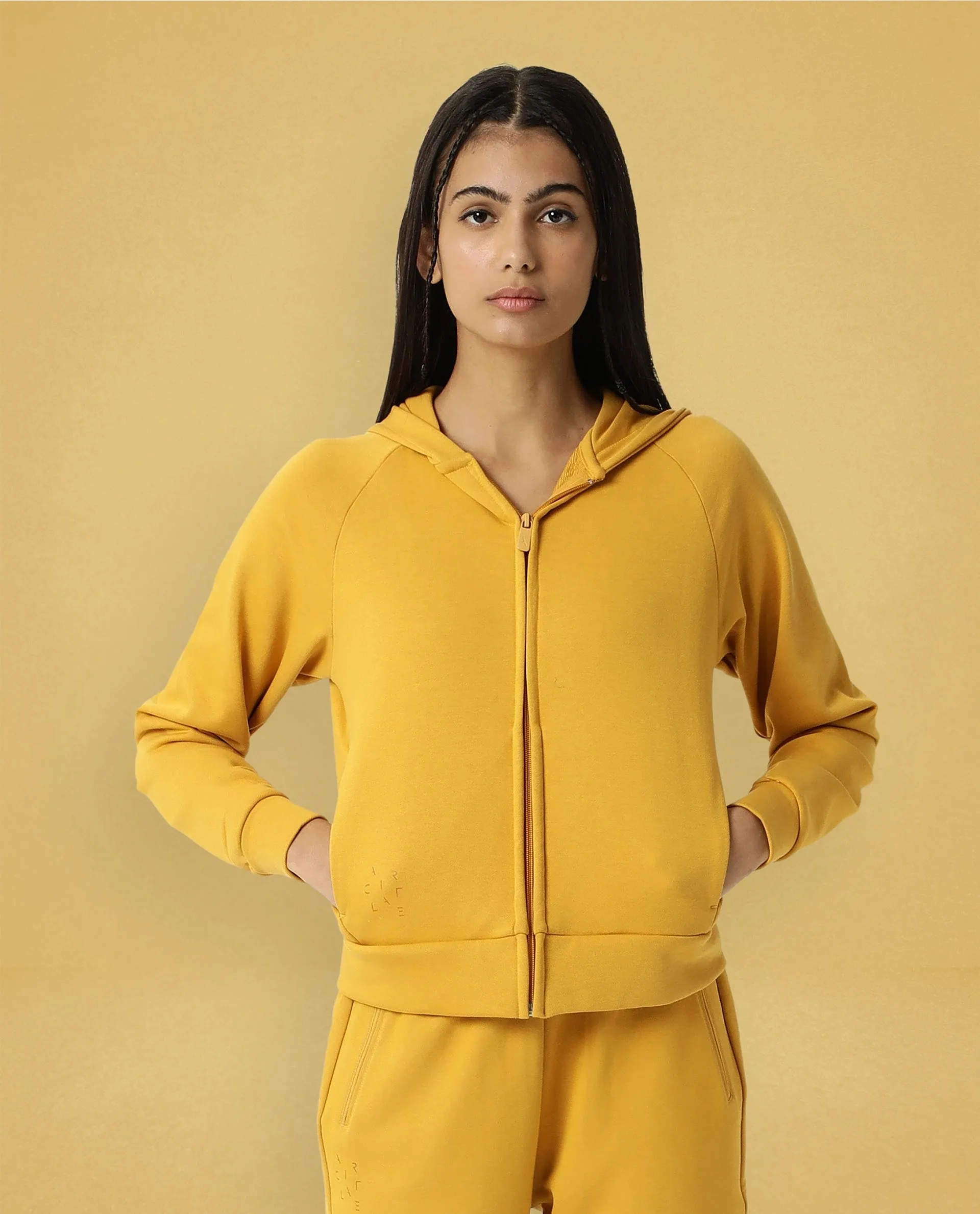 Rareism Women Capper Mustard Cotton Blend Fabric Full Sleeves Solid Hooded Jacket