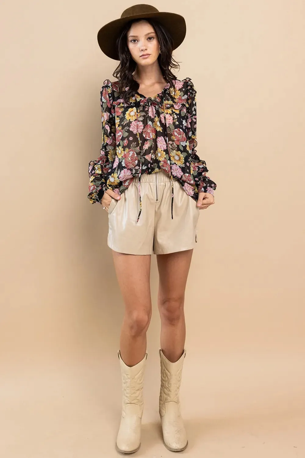 Ruffle Trim Long Sleeve Floral Blouse