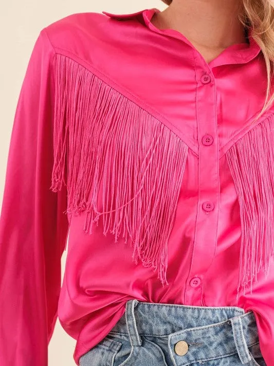 Spirited Chevron Satin Fringe Blouse