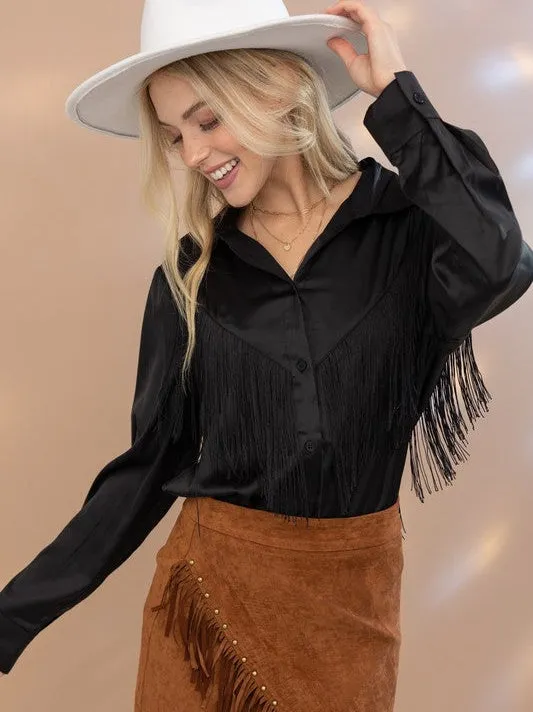 Spirited Chevron Satin Fringe Blouse