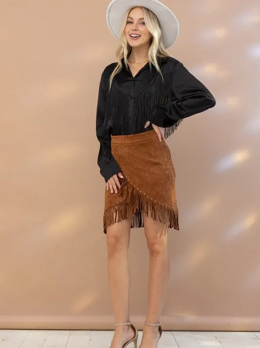 Spirited Chevron Satin Fringe Blouse