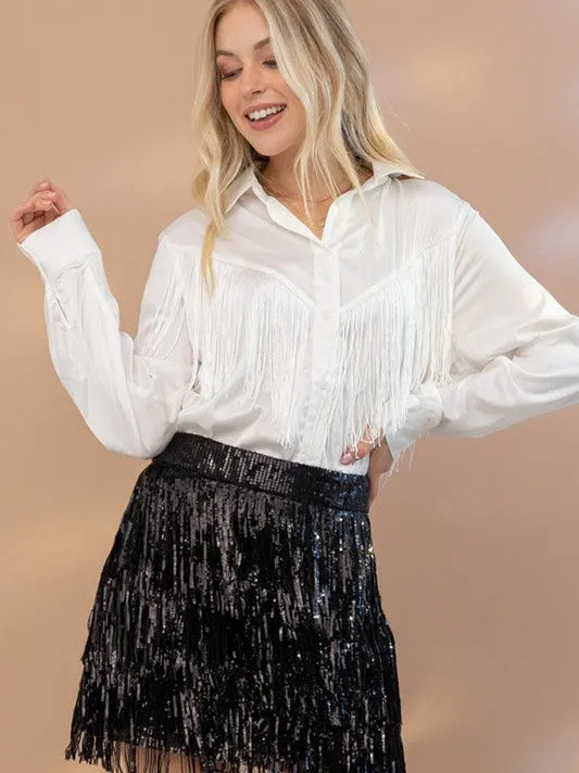 Spirited Chevron Satin Fringe Blouse