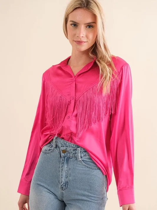 Spirited Chevron Satin Fringe Blouse