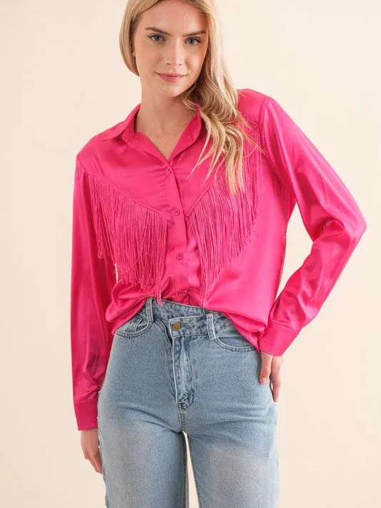 Spirited Chevron Satin Fringe Blouse