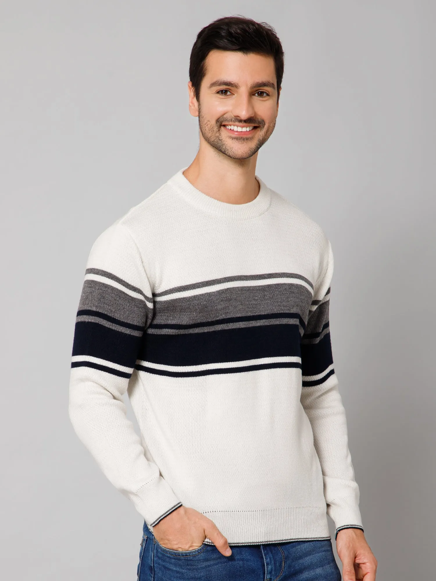 Stripe Off White Full Sleeves Round Neck Regular Fit Casual Sweater for Men