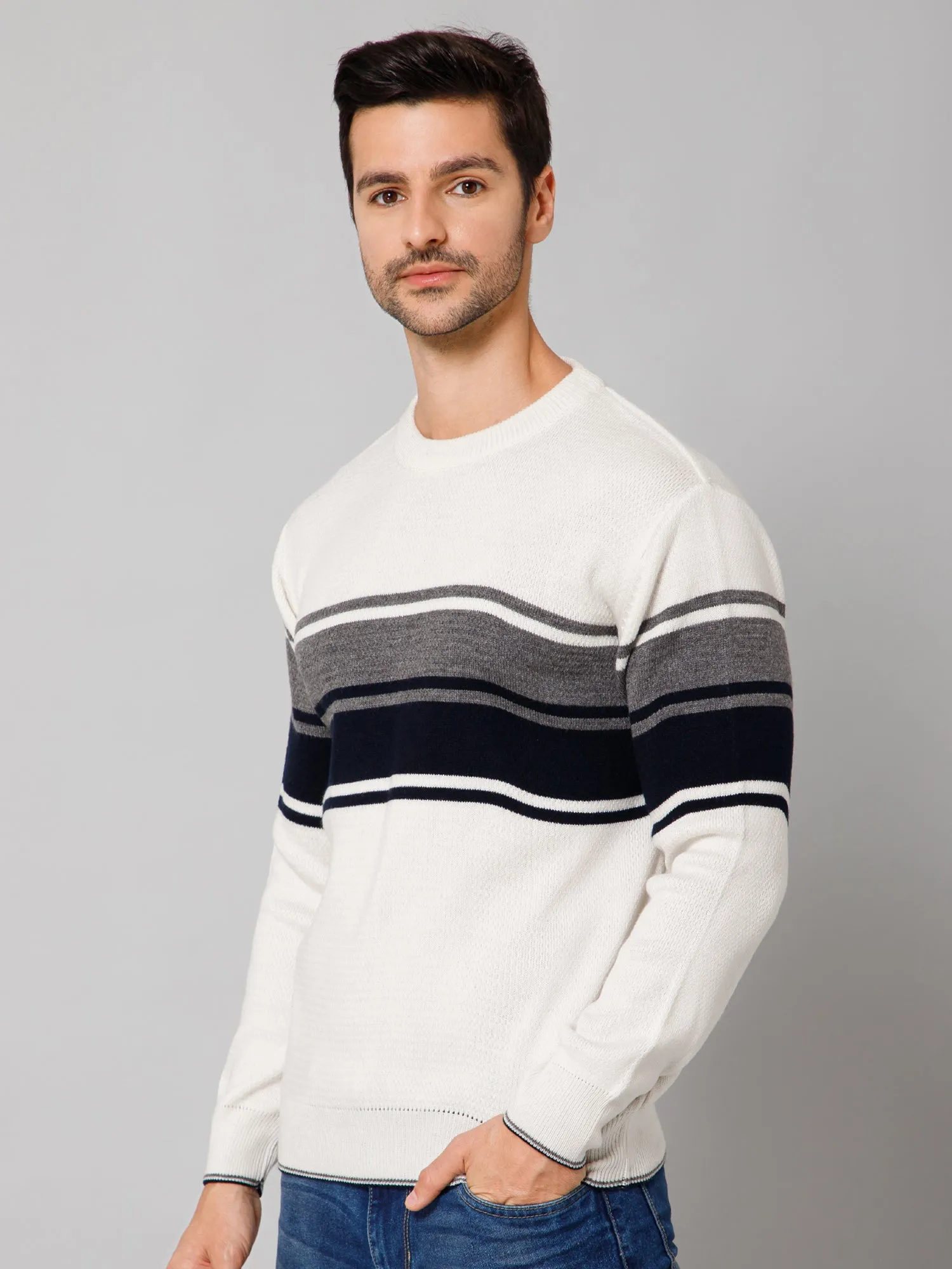 Stripe Off White Full Sleeves Round Neck Regular Fit Casual Sweater for Men