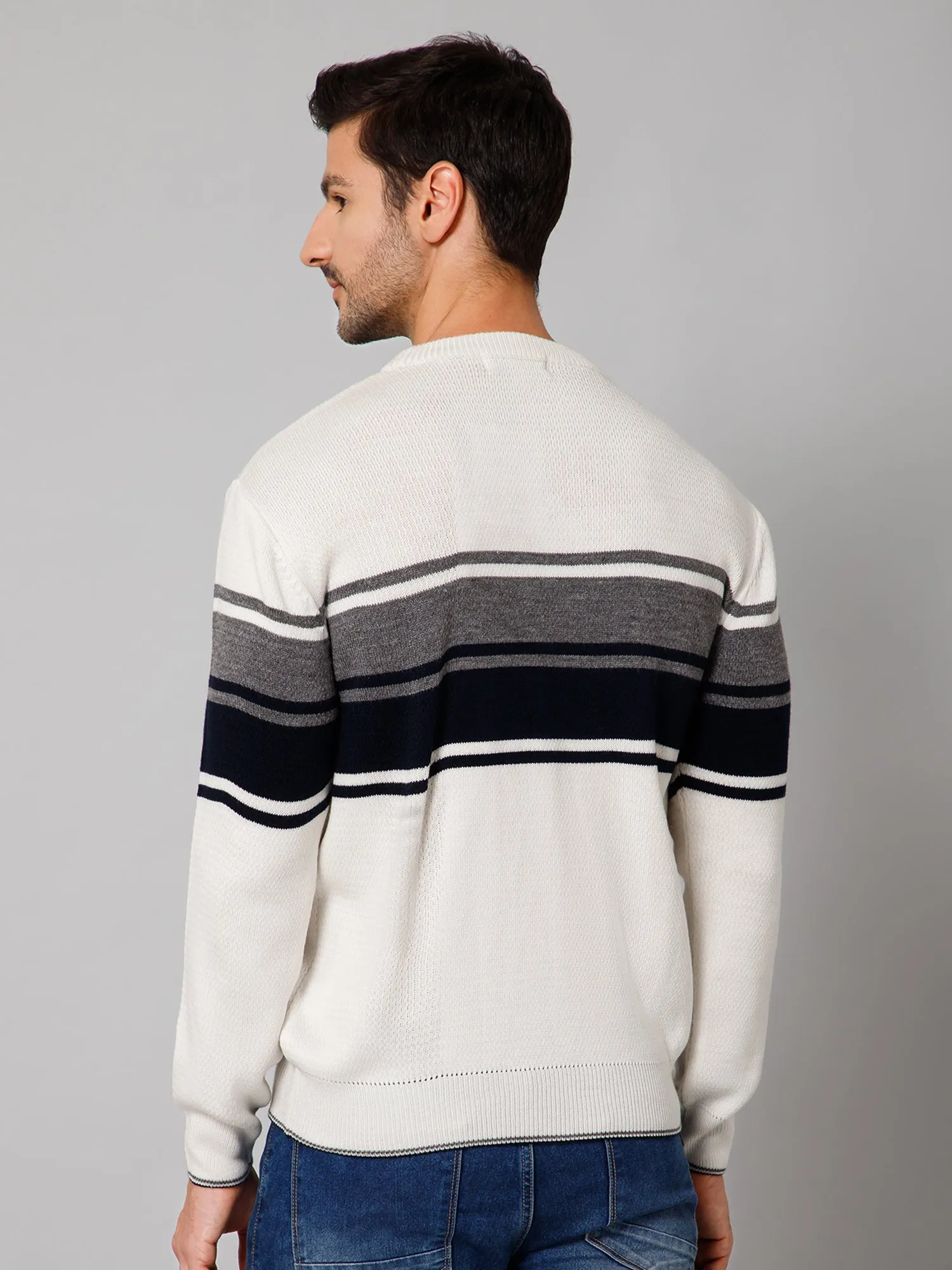 Stripe Off White Full Sleeves Round Neck Regular Fit Casual Sweater for Men