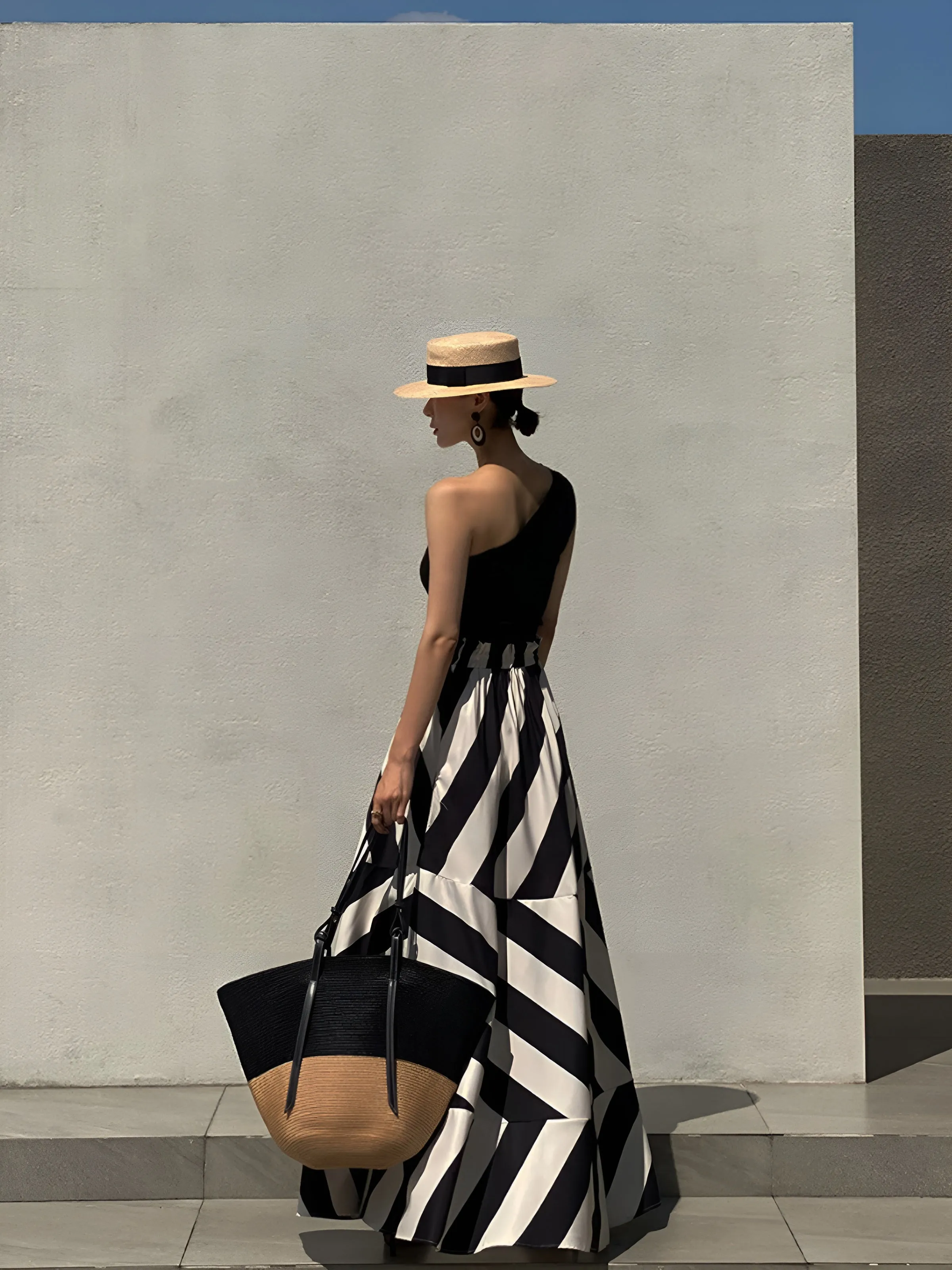 Stripe Print Graceful Long Skirt