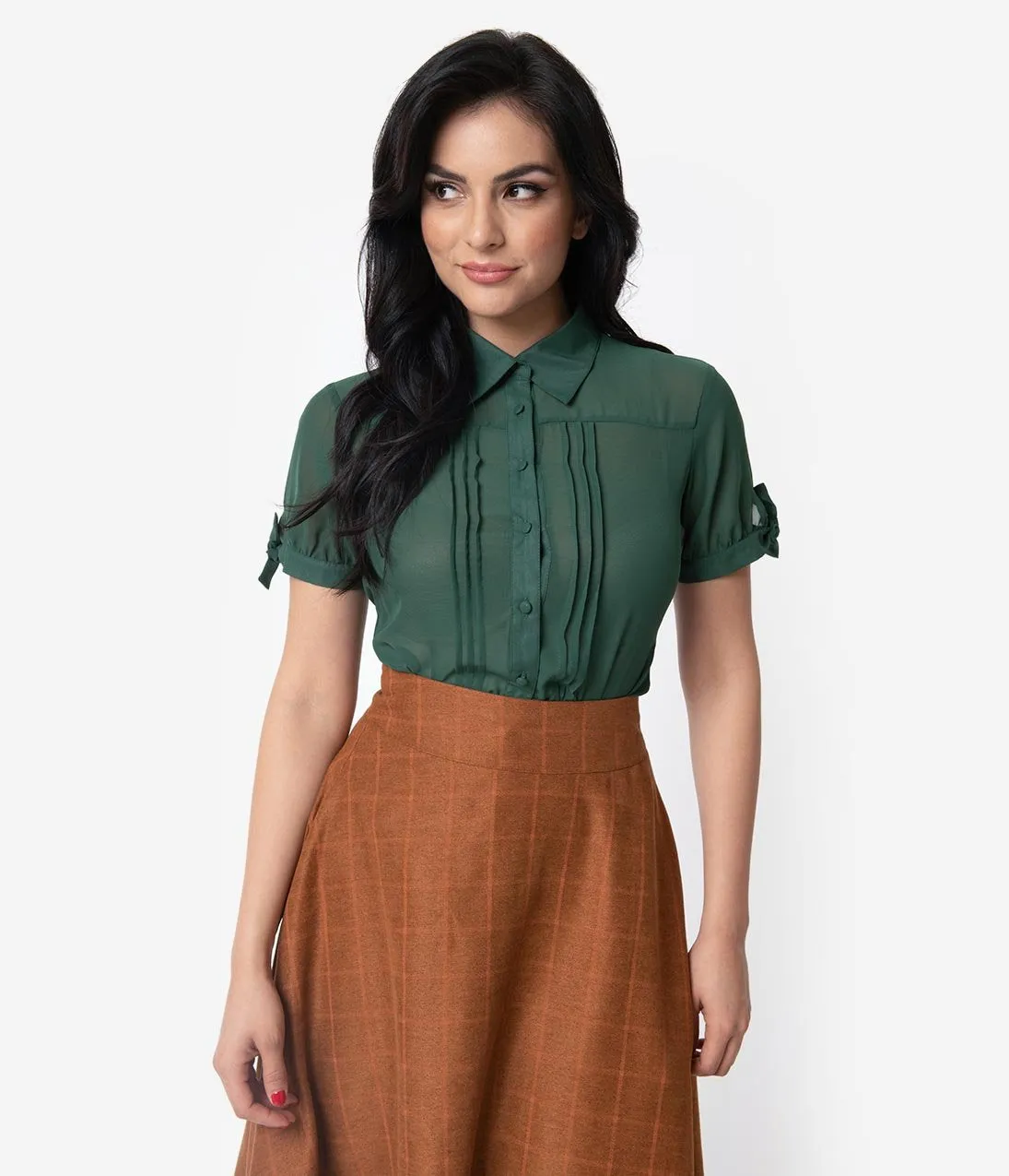 Unique Vintage Emerald Chiffon Button Up Short Sleeve Colvin Blouse