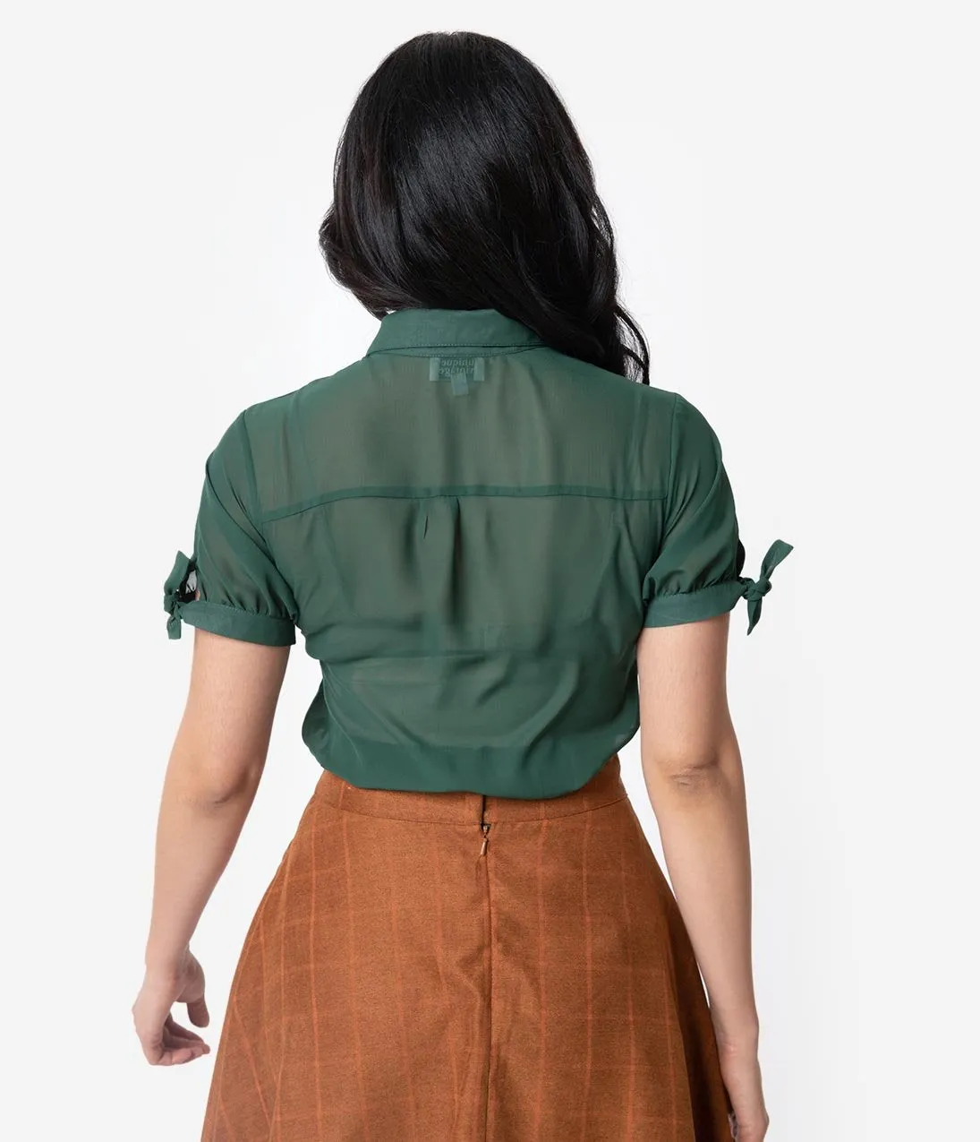 Unique Vintage Emerald Chiffon Button Up Short Sleeve Colvin Blouse