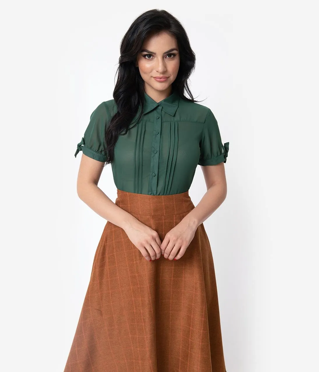 Unique Vintage Emerald Chiffon Button Up Short Sleeve Colvin Blouse