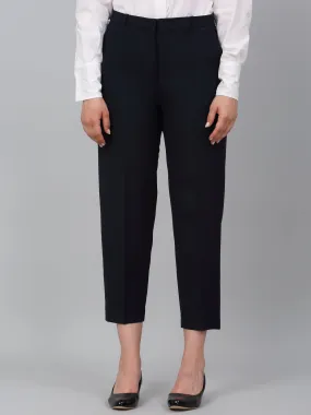 Women's Navy Blue Solid Non-Pleated Formal Trouser