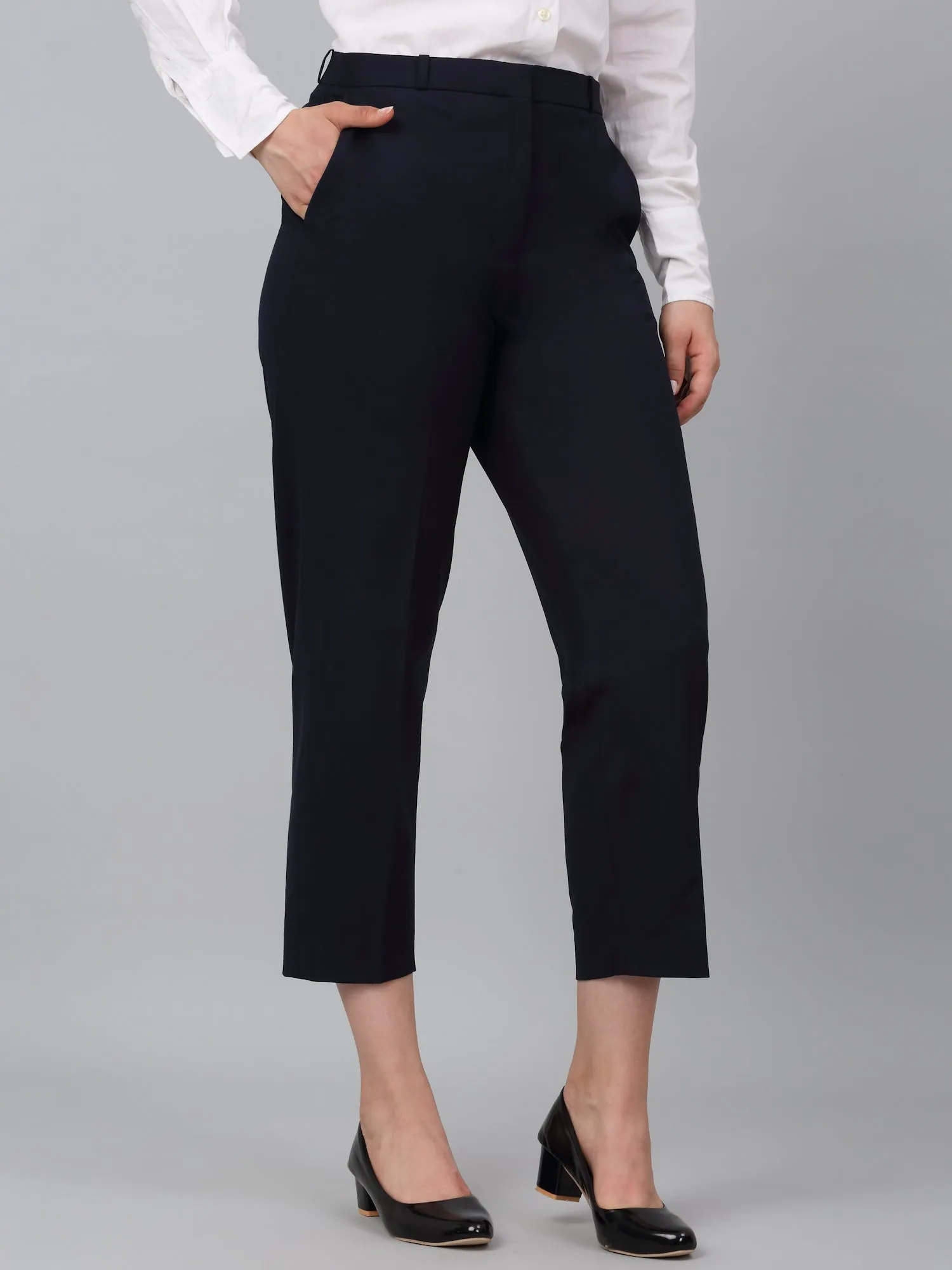 Women's Navy Blue Solid Non-Pleated Formal Trouser