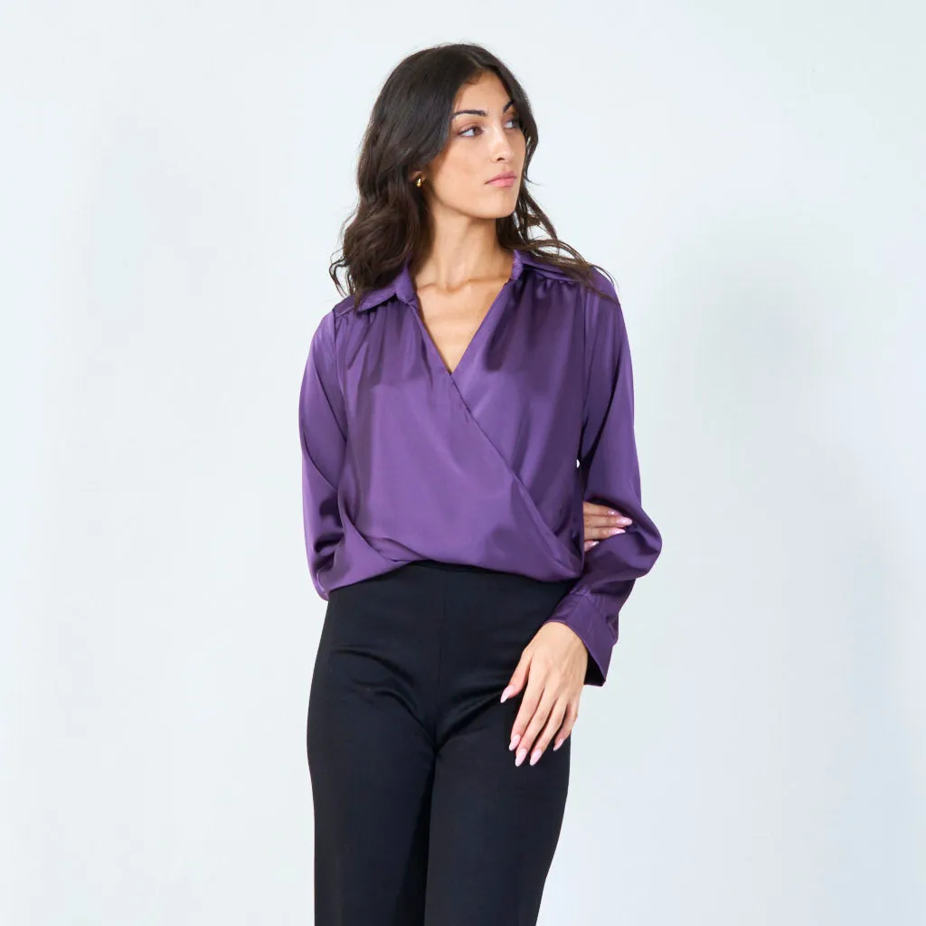 Wrap front satin blouse with collar wholesale