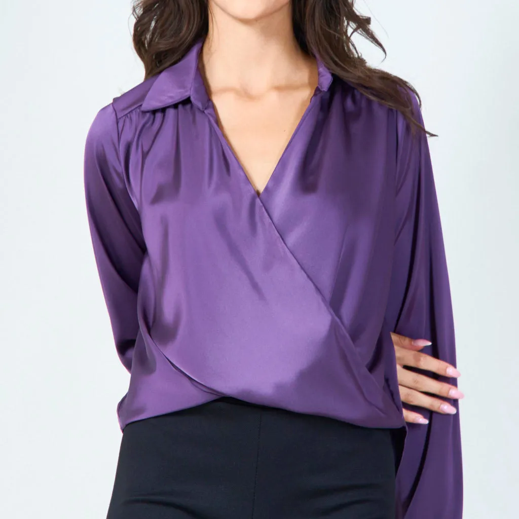 Wrap front satin blouse with collar wholesale